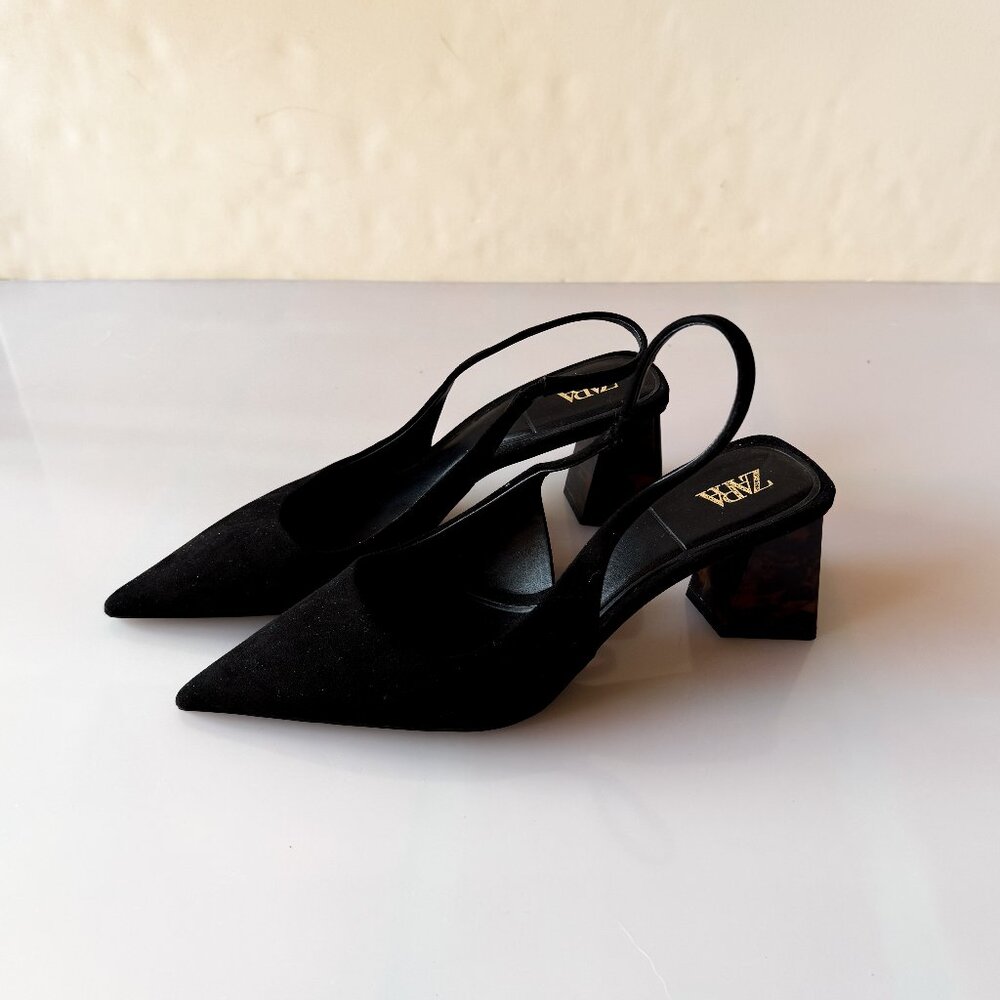 Zara Black Suede Slingback Heels, Size 39, Unique Brown Heel
